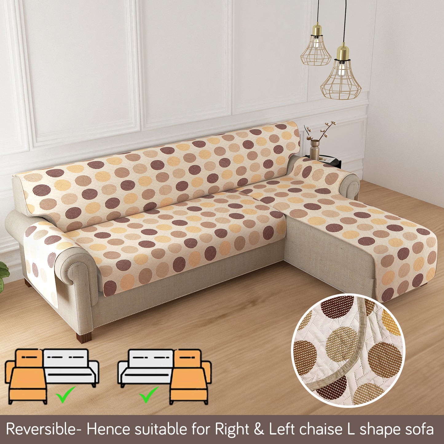 HomeHues Series Quilted Sofa Cover with Secure Fit Belt for L Shape sofa, Brown Polka Dot