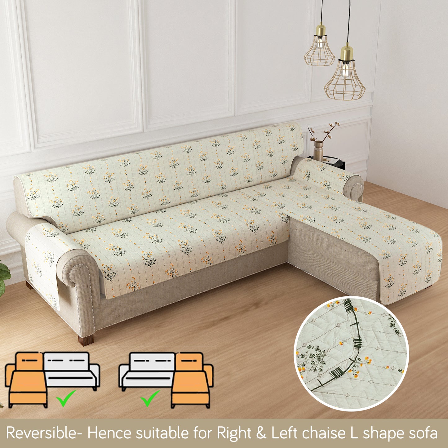 HomeHues Series Quilted Sofa Cover with Secure Fit Belt for L Shape sofa, Light Green Ash Gypsy Flower