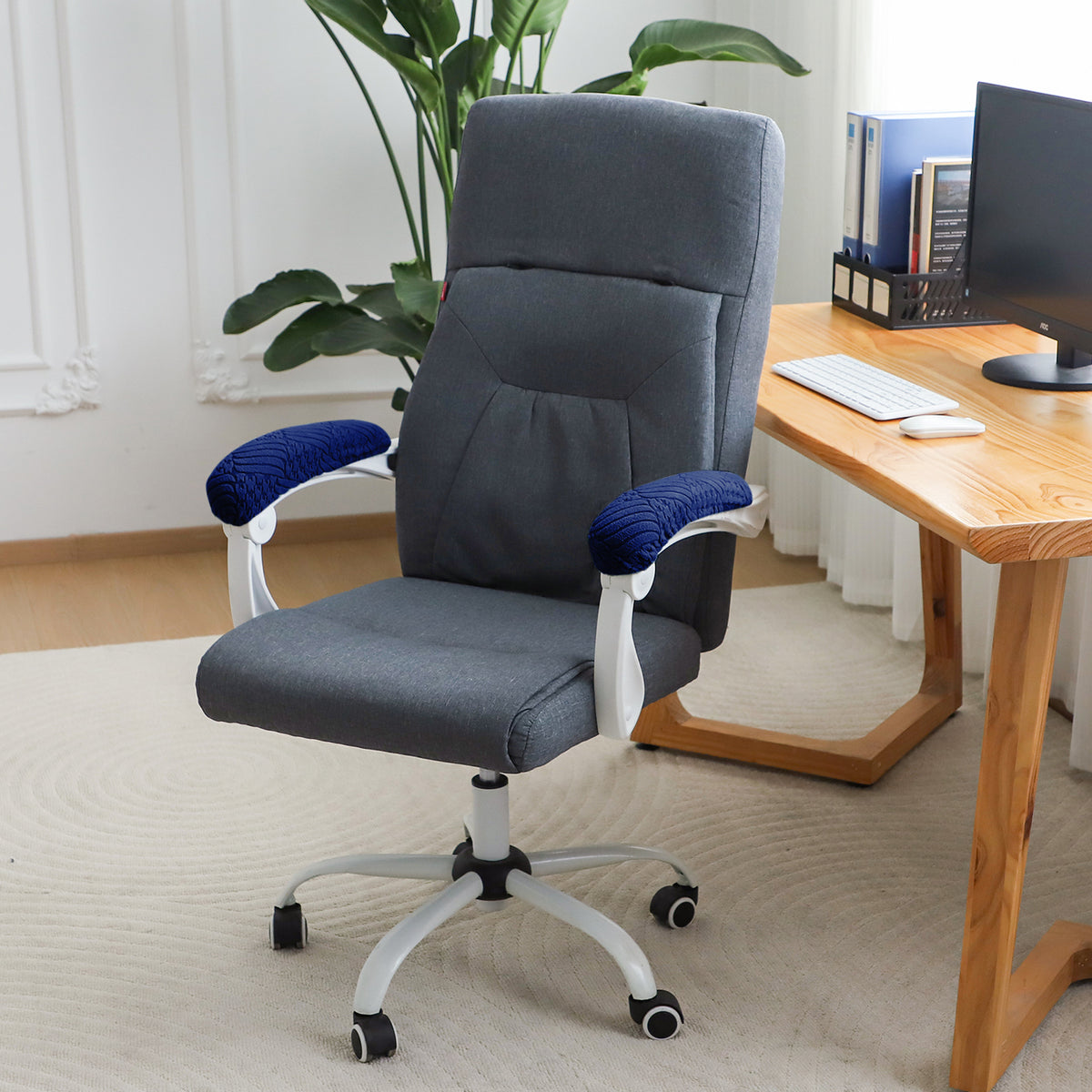 170gsm Jacquard Armrest Covers for Office Chair (Elastic Style), 1 Pair, Navy Blue