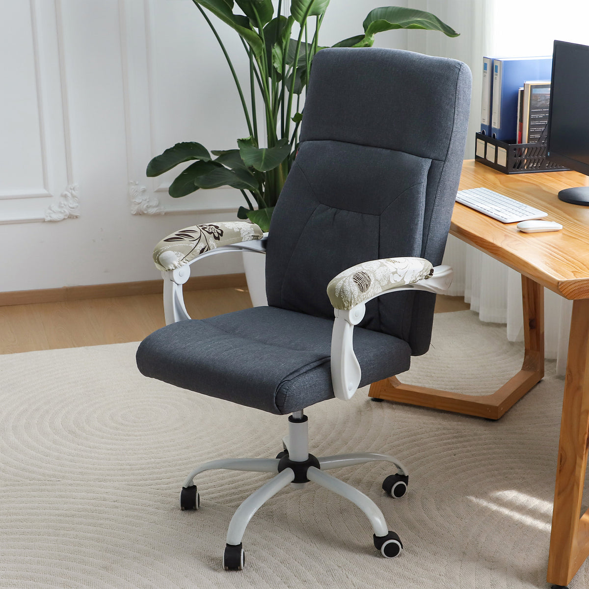140gsm Printed Armrest Covers for Office Chair (Elastic Style), 1 Pair, Feather Brown Floral