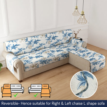 HomeHues Series Quilted Sofa Cover with Secure Fit Belt for L Shape sofa, Celadon Blue Camellia
