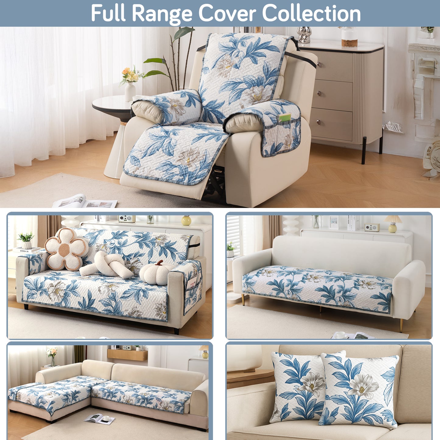 Quilted Cover for Recliner Sofa with SecureFit Belt & Side Pocket, Celadon Blue Camellia