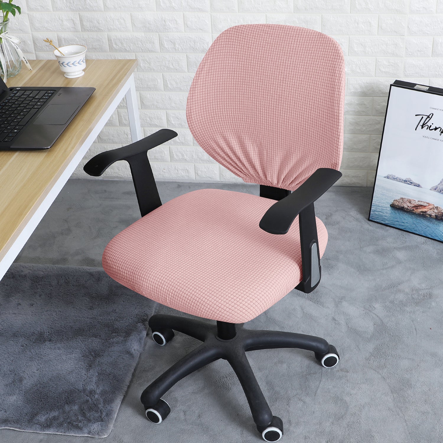 Stretchable Jacquard Office Chair Slipcover for Rotating Chair, Pink