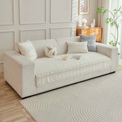 BelleLace Series Imperial Milk Velvet Sofa Cover Mat with Lace Design - Pearl White