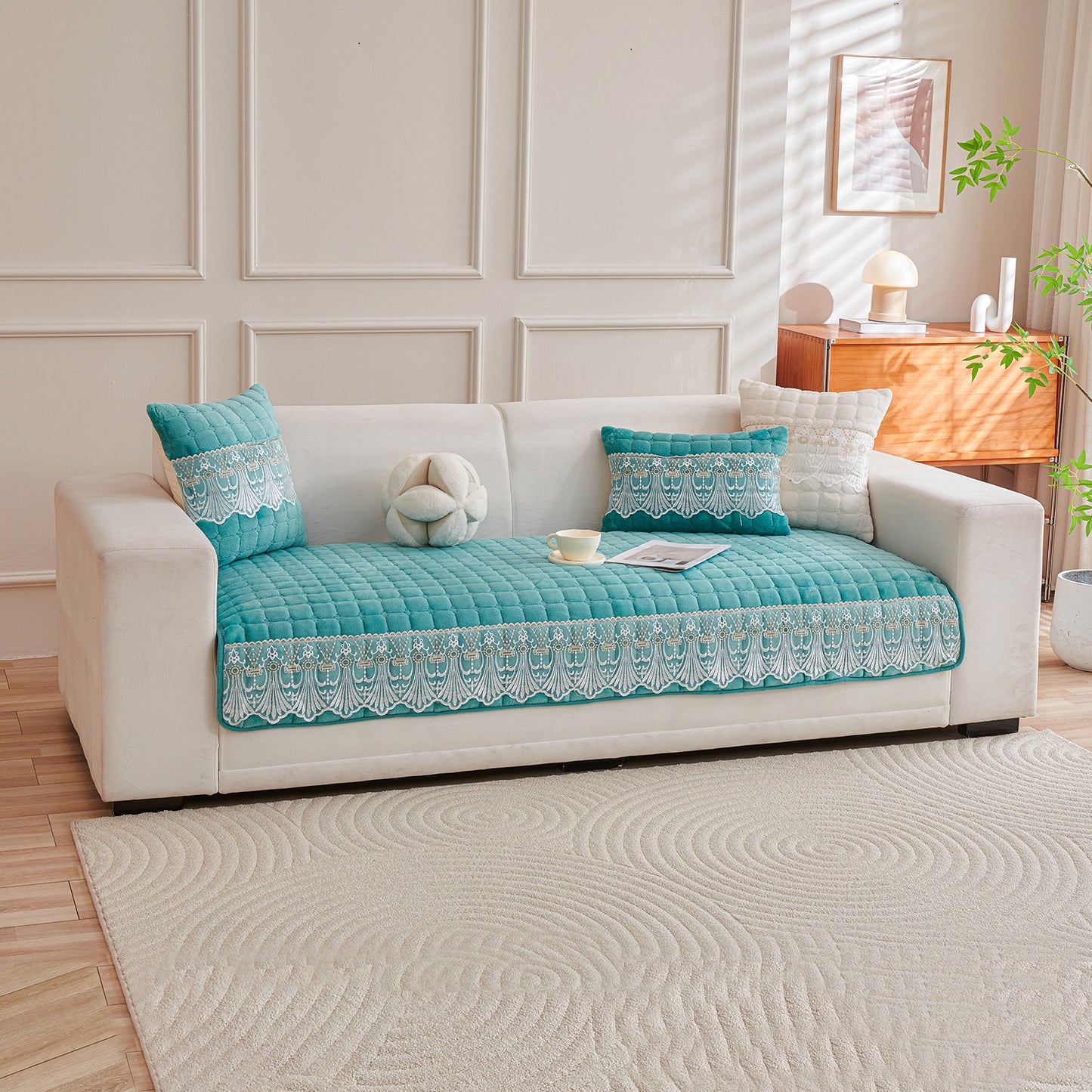 BelleLace Series Imperial Milk Velvet Sofa Cover Mat with Lace Design - Teal
