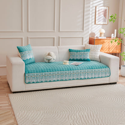BelleLace Series Imperial Milk Velvet Sofa Cover Mat with Lace Design - Teal