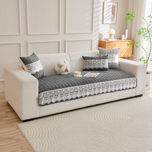 BelleLace Series Imperial Milk Velvet Sofa Cover Mat with Lace Design - Porpoise Grey