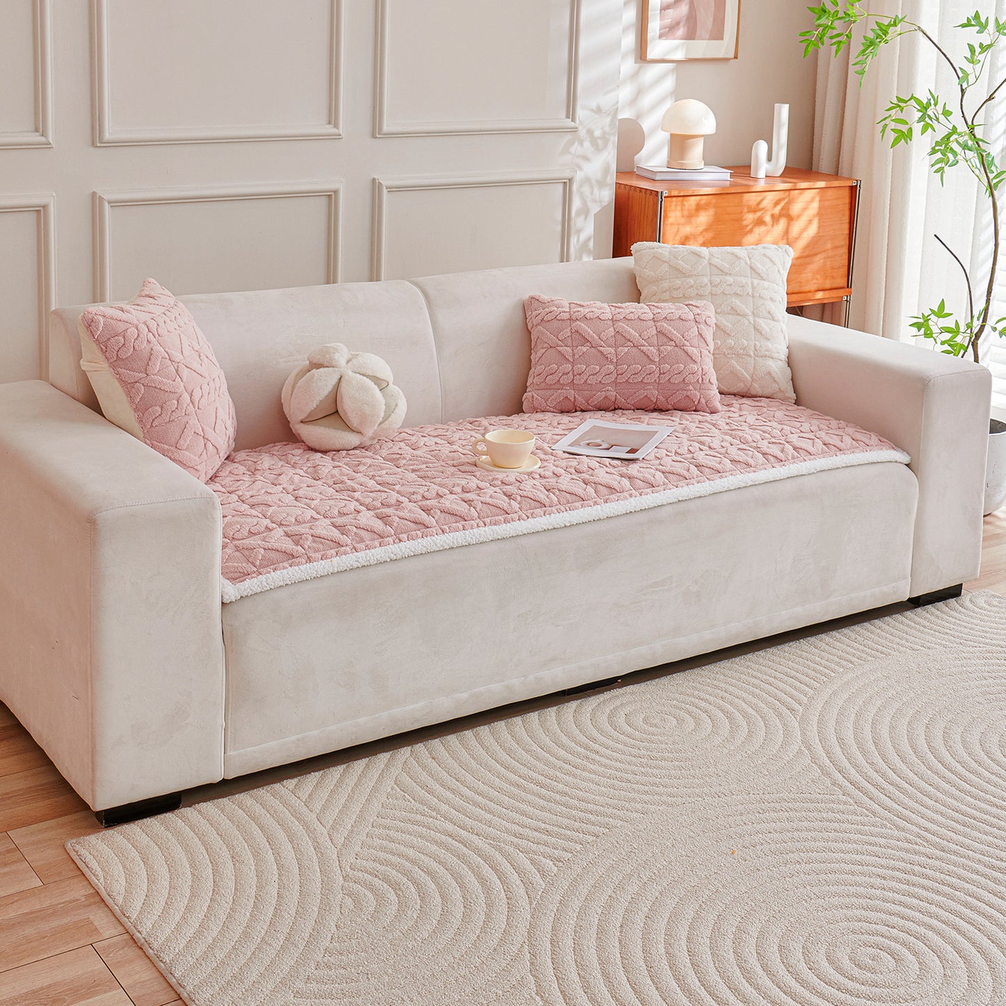 'Italian Caelora' Luxury Jacquard Plush Sofa Cover Mat and Anti-Slip Armrest Covers - Misty Rose