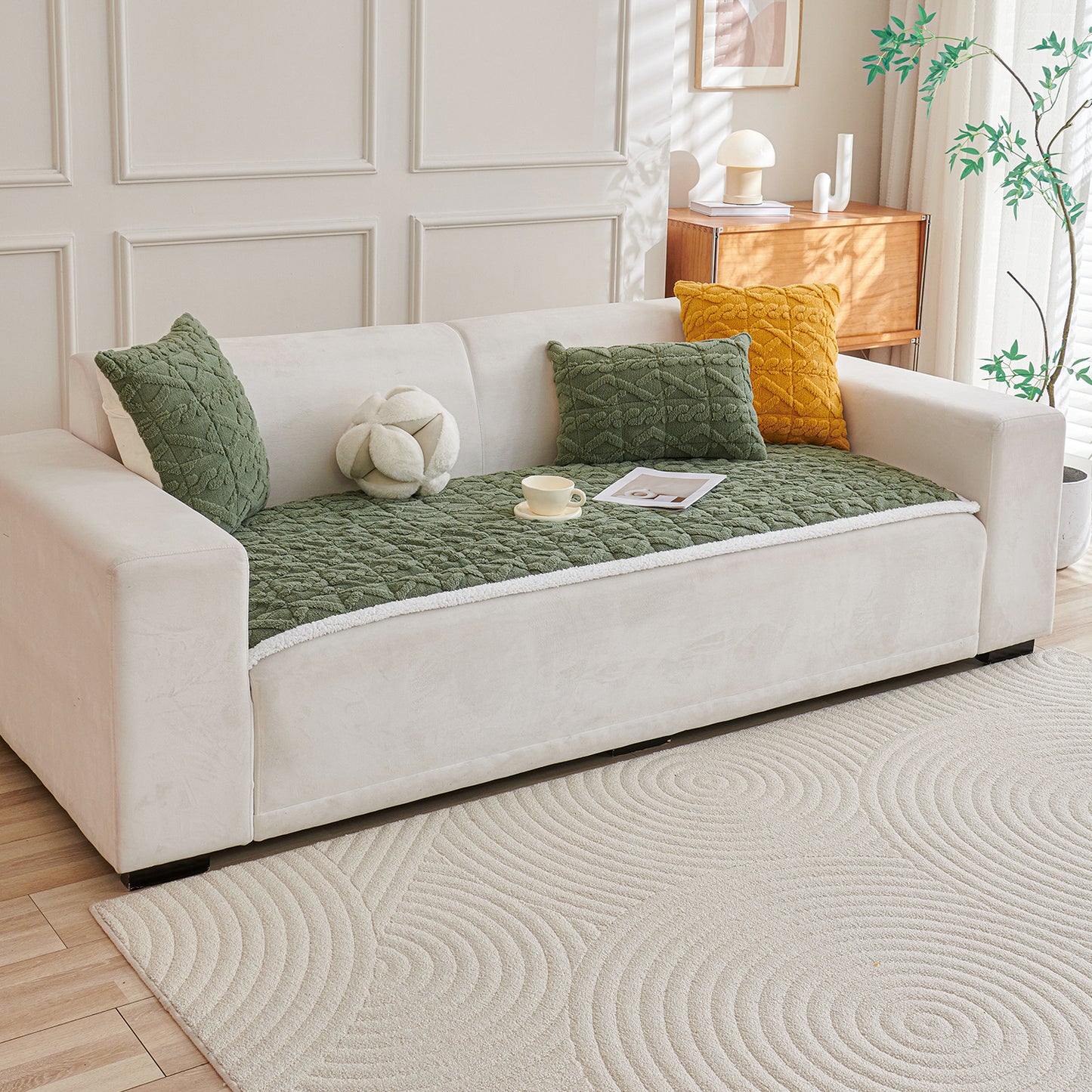 'Italian Caelora' Luxury Jacquard Plush Sofa Cover Mat and Anti-Slip Armrest Covers - Sage Green