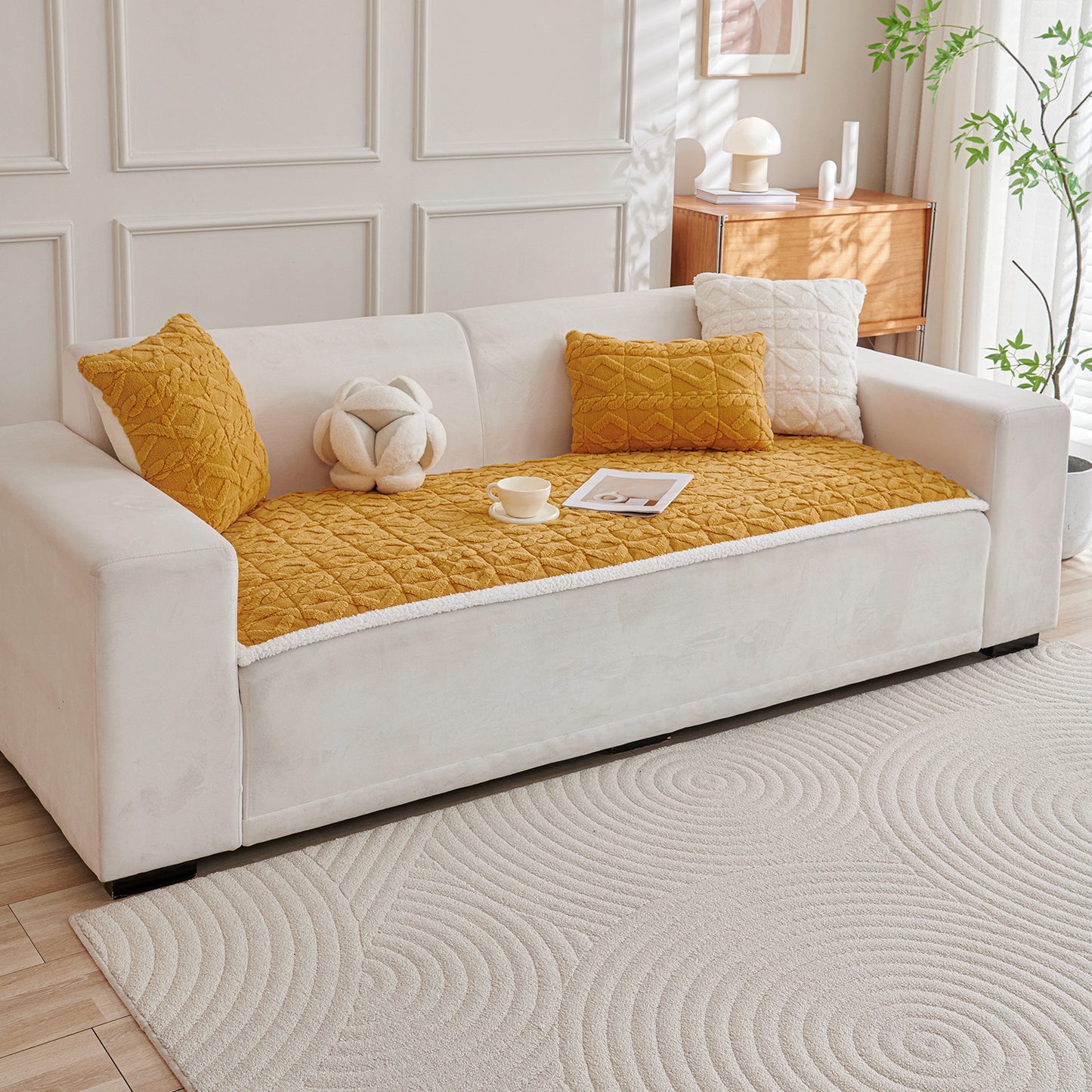 'Italian Caelora' Luxury Jacquard Plush Sofa Cover Mat and Anti-Slip Armrest Covers - Honey Yellow