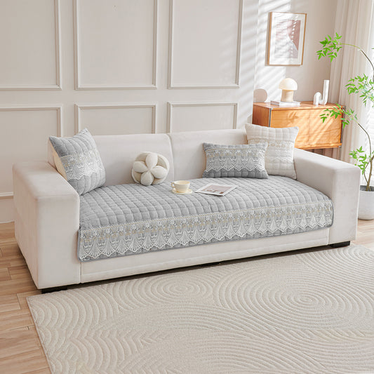 BelleLace Series Imperial Milk Velvet Sofa Cover Mat with Lace Design - Cloud Grey