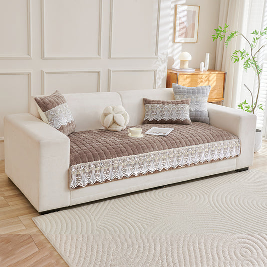 BelleLace Series Imperial Milk Velvet Sofa Cover Mat with Lace Design - Mocha Brown