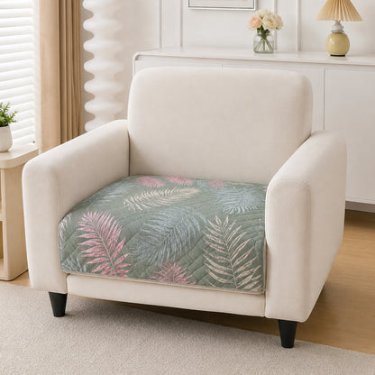 Polyester Printed Quilted Sofa Cover Mats, Tropical Leaves Pastel Green