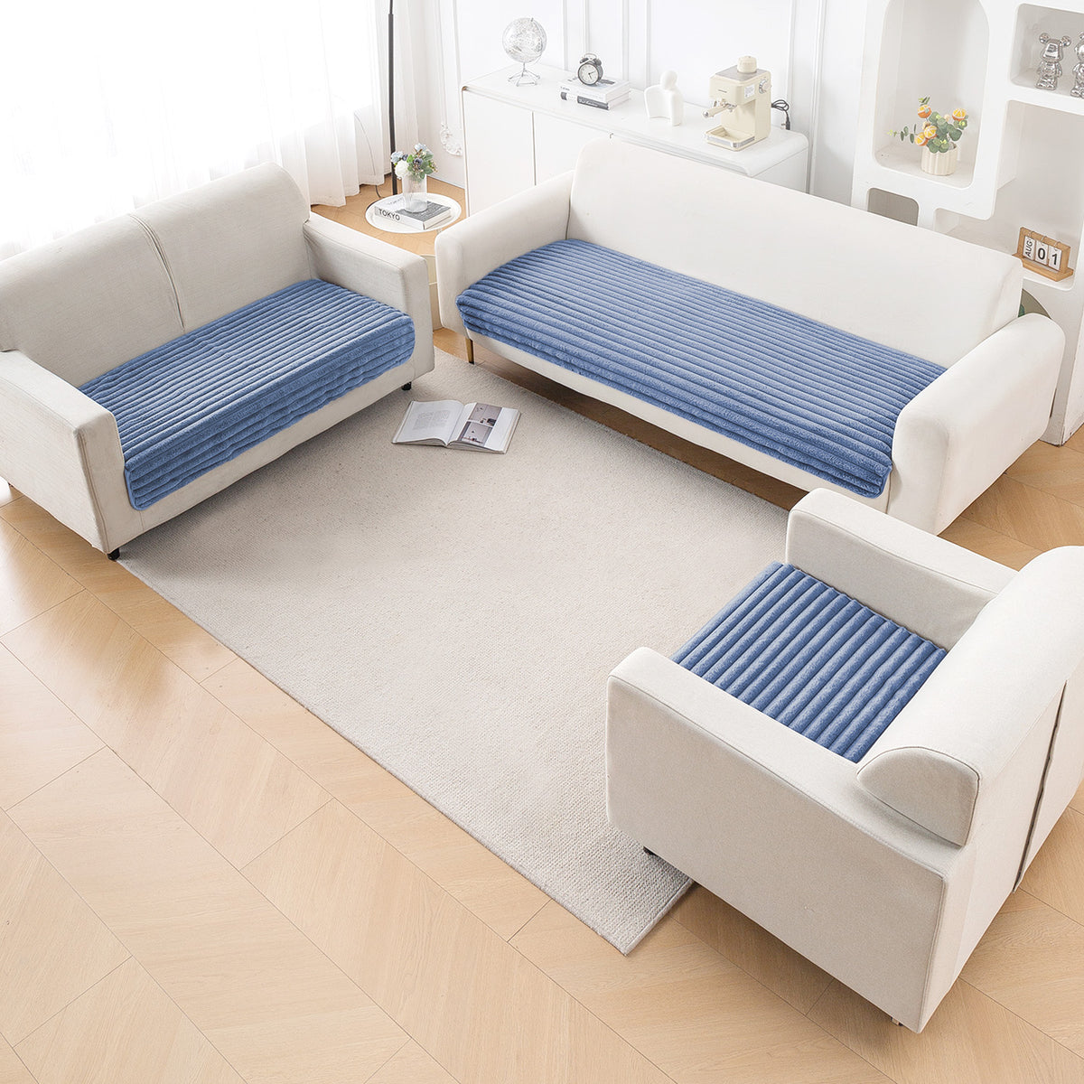 Faux Rabbit Fur Sofa Cover Combination Set, 'Snuggle Fur Series' Denim Blue