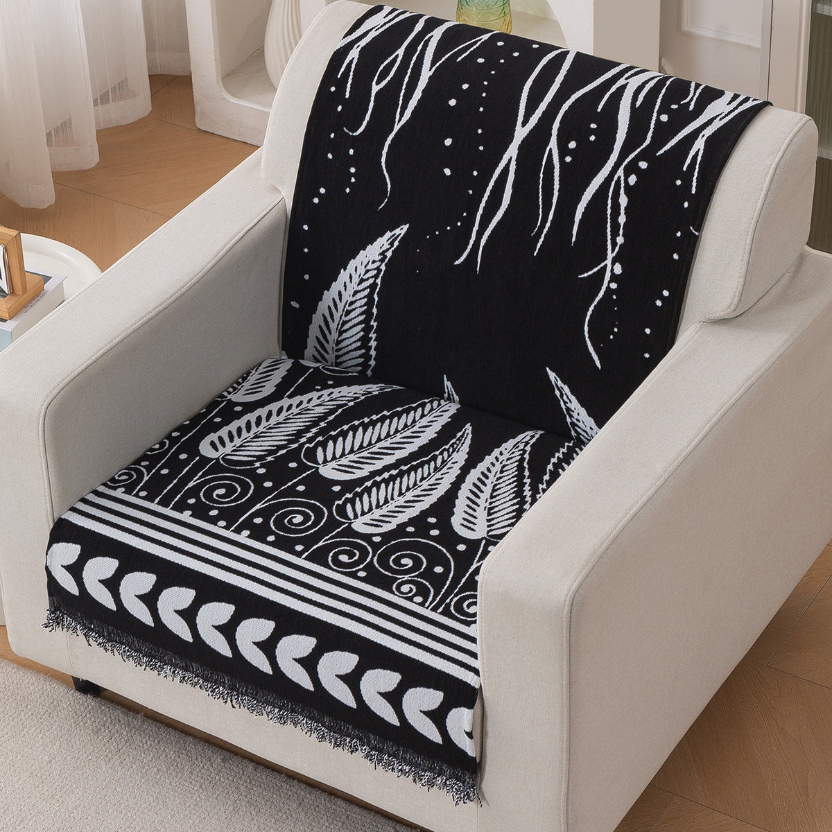 Premium 320 GSM Chenille Sofa Cover 'Serene Abode Series', Black Fern Tribal