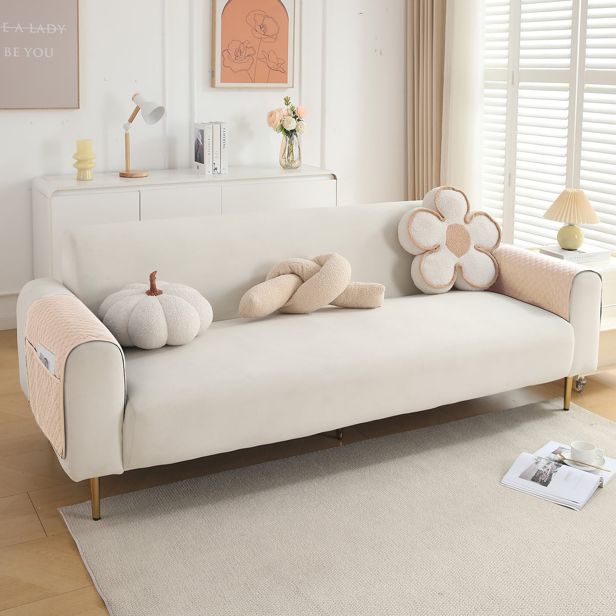 2 Pcs Quilted Sofa Armrest Cover, Beige