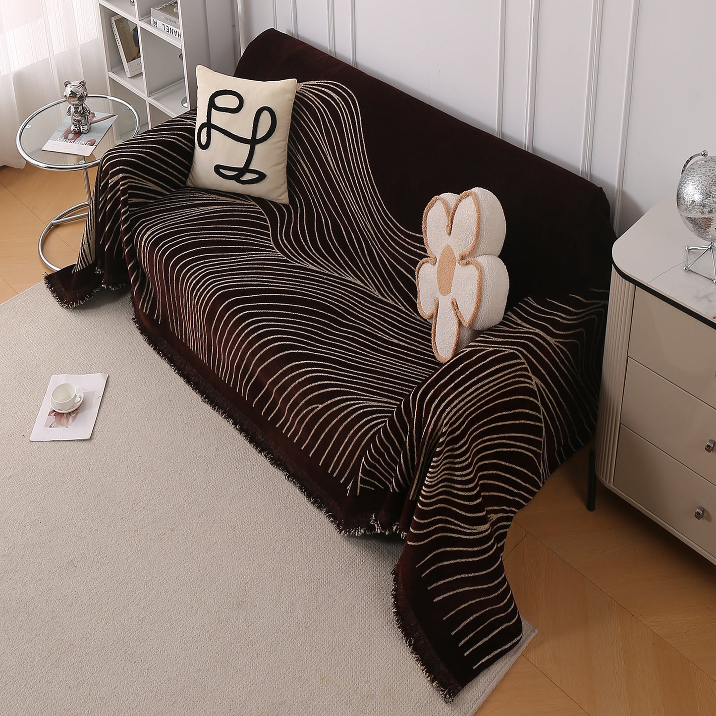 WaveLoom Collection Printed Chenille Sofa Cover Throw Blanket, Dark Coffee