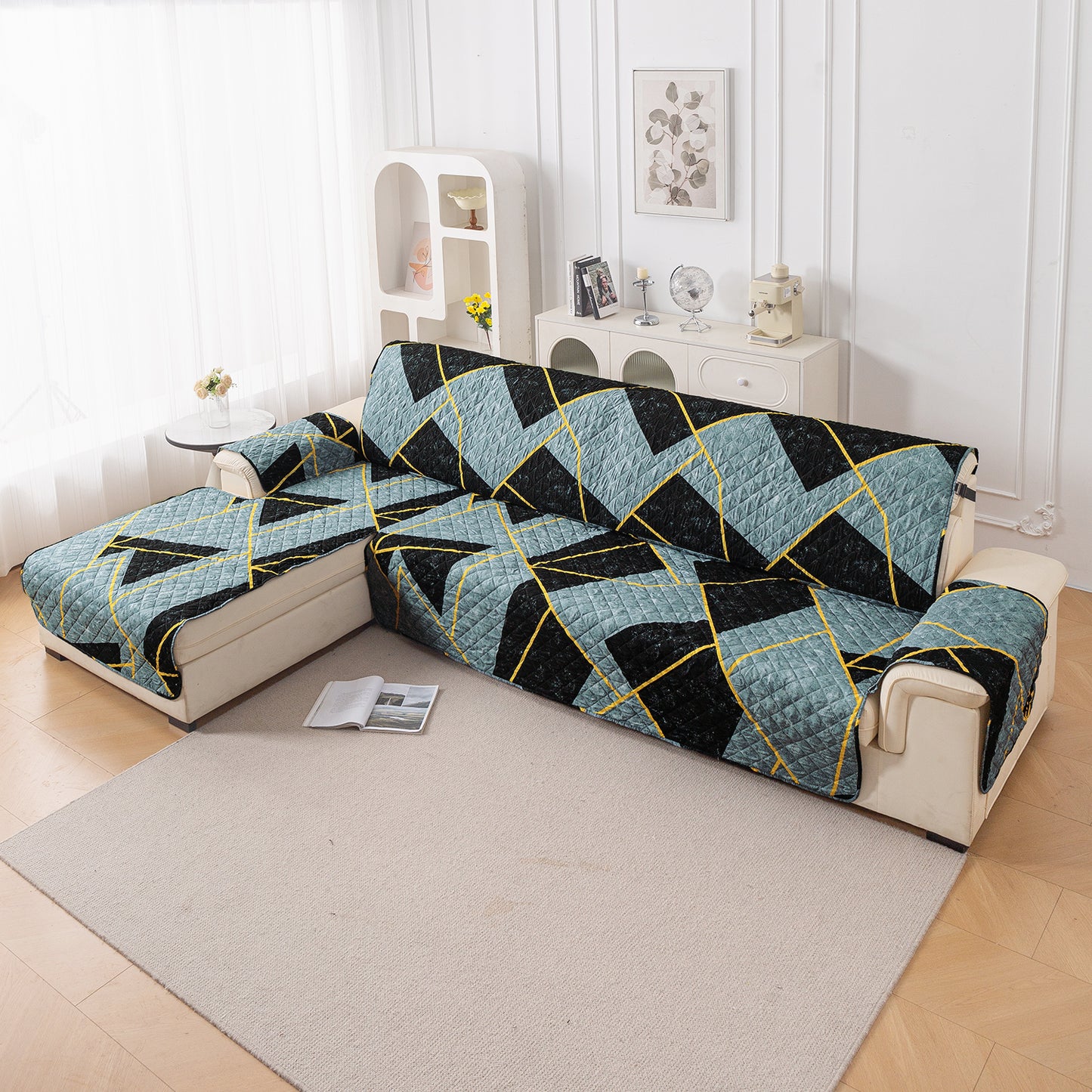 Elira Series Quilted One-Piece L Shape Sofa Cover Mat with Left and Right Chaise, Multicolor Abstract Geometry