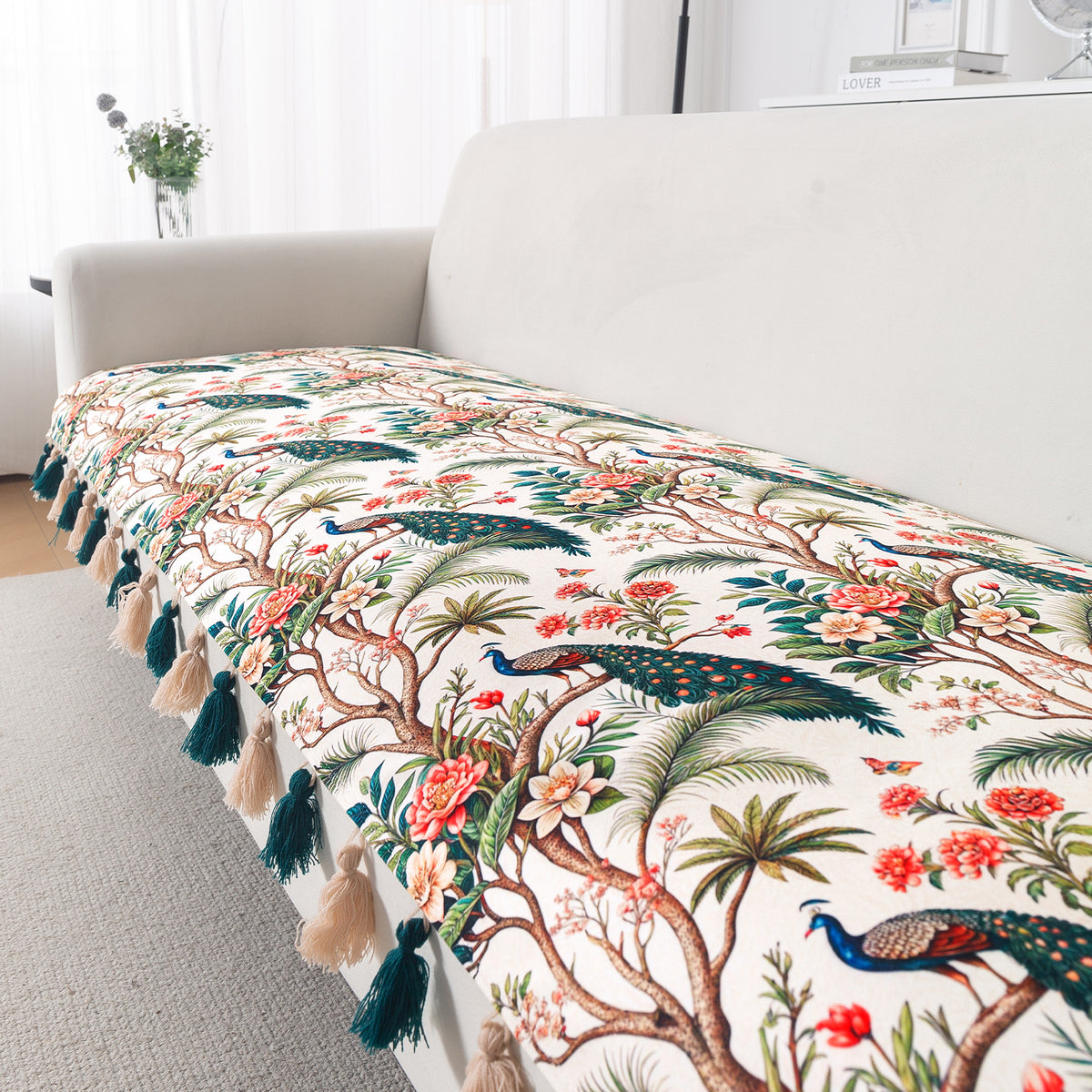 'Whispers of Nature' Series Holland Velvet Sofa Mat with Tassel, Multicolor Tropical Peacock