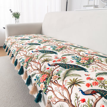 'Whispers of Nature' Series Holland Velvet Sofa Mat with Tassel, Multicolor Tropical Peacock