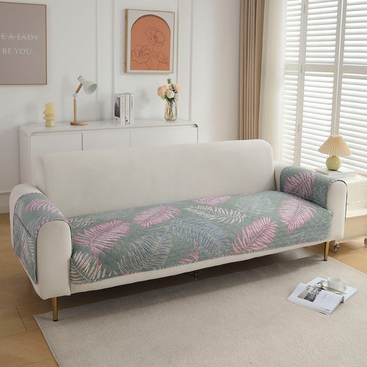 Quilted Sofa Seat Mat with Two Armrest Covers with Pockets for 1/2/3 Seater Sofa, Tropical Leaves Pastel Green