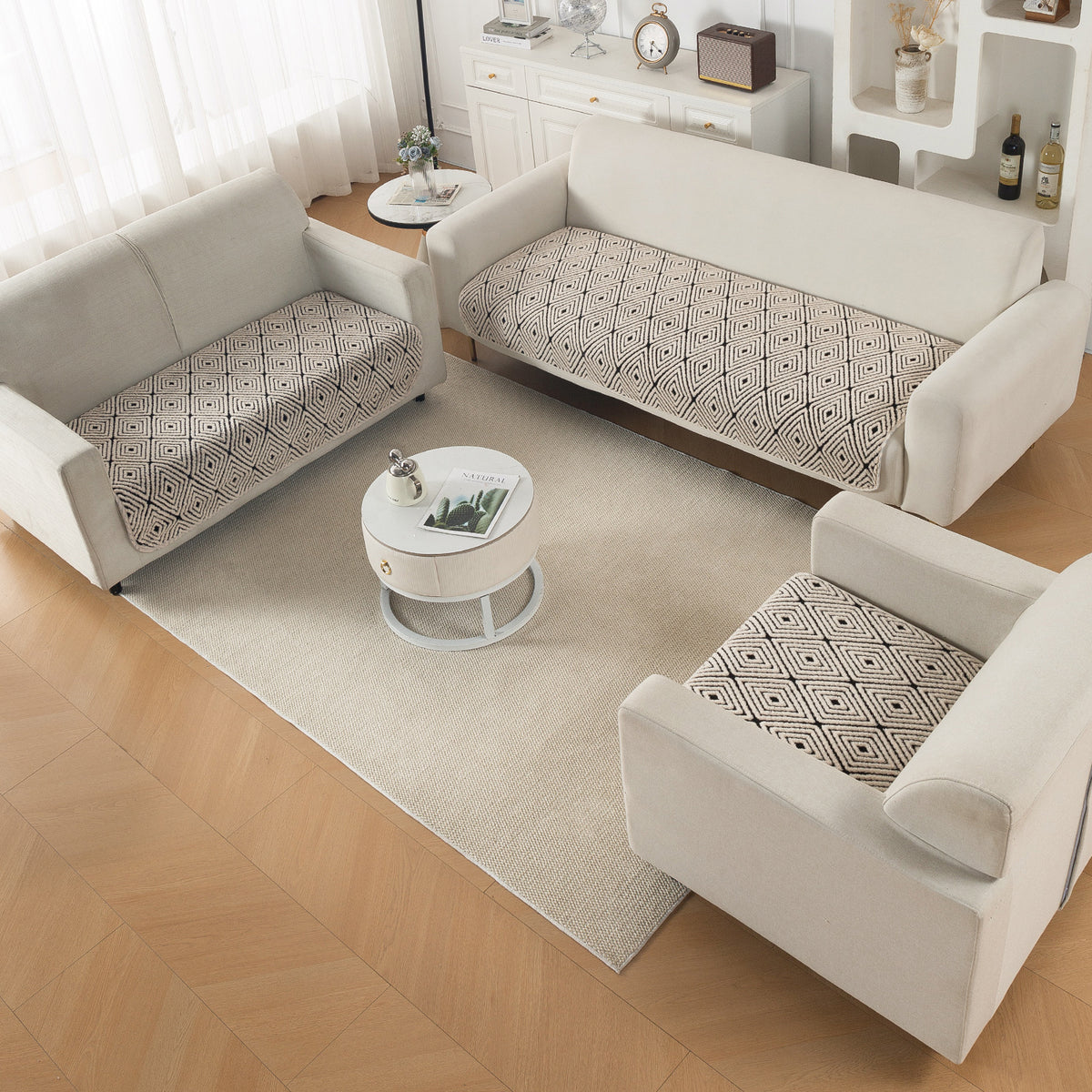 Luxury Plush Sherpa Anti Slip Combination Sofa Mat, 'Noirea Series'|Geometric Diamond