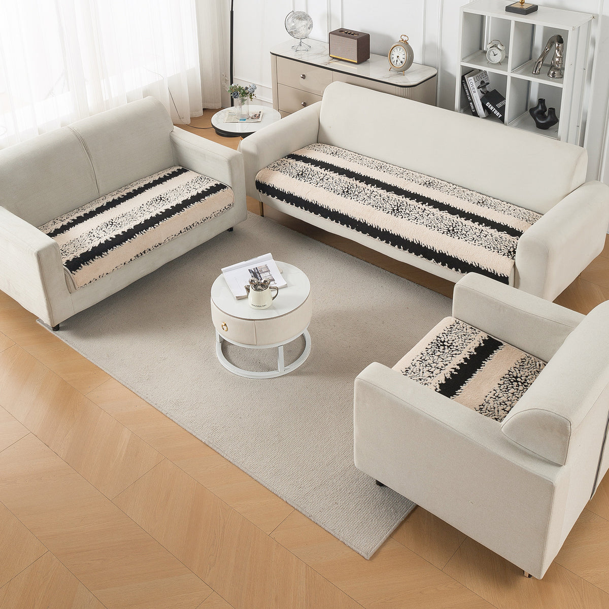 Luxury Plush Sherpa Anti Slip Combination Sofa Mat, 'Noirea Series'|Textured Stripe