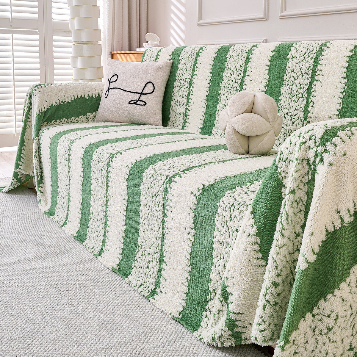 Plush Sofa Cover Throw for Complete Sofa 'Luxury Wavy Plush', Pistachio Green