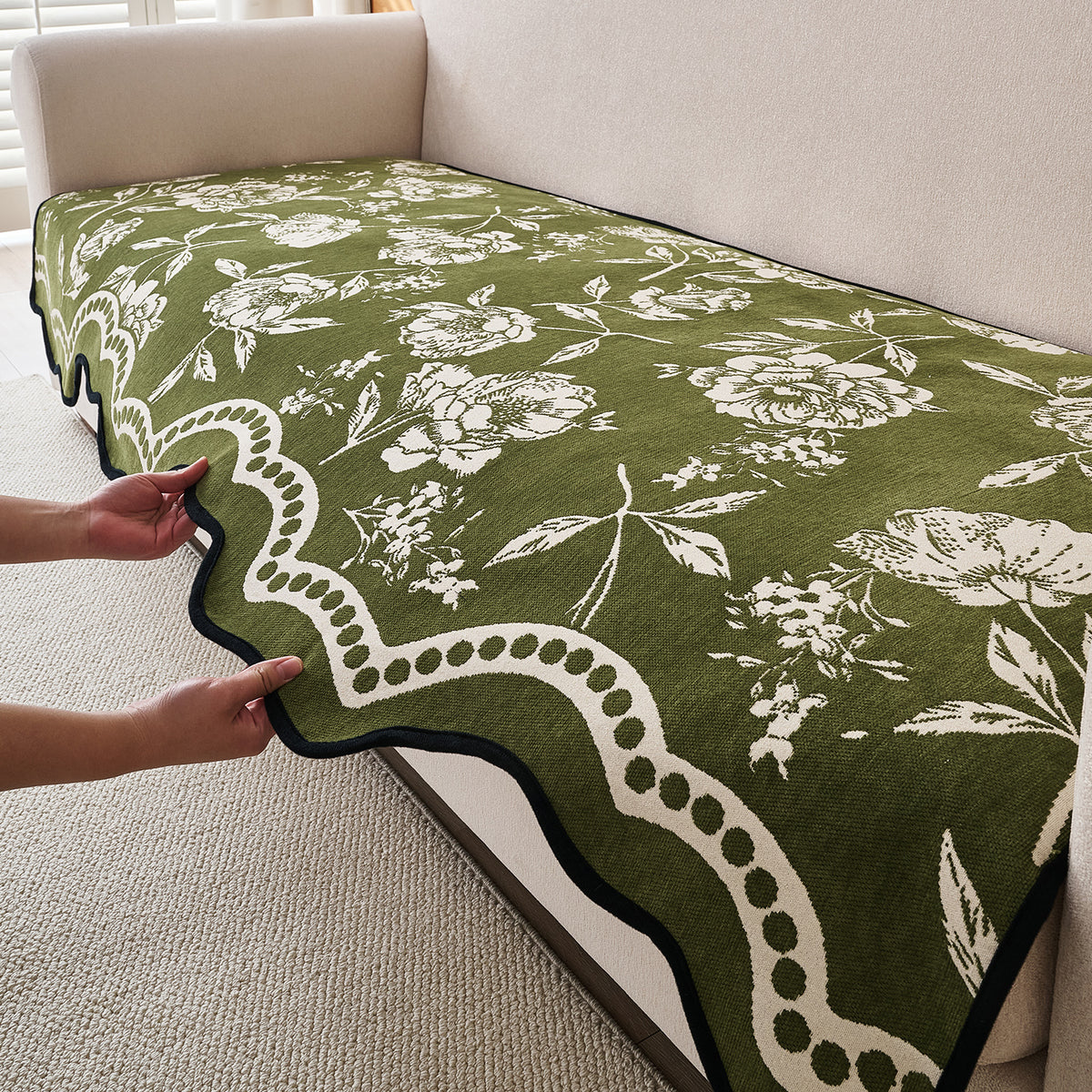 Chenille Sofa Cover Mat with Curvy Edges, 'Retro Curves Series' Sofa Mat, Olive Green