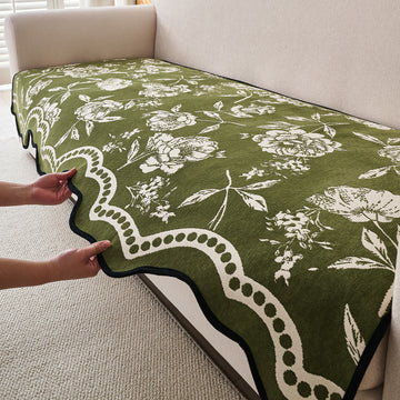 Chenille Sofa Cover Mat with Curvy Edges, 'Retro Curves Series' Sofa Mat, Olive Green