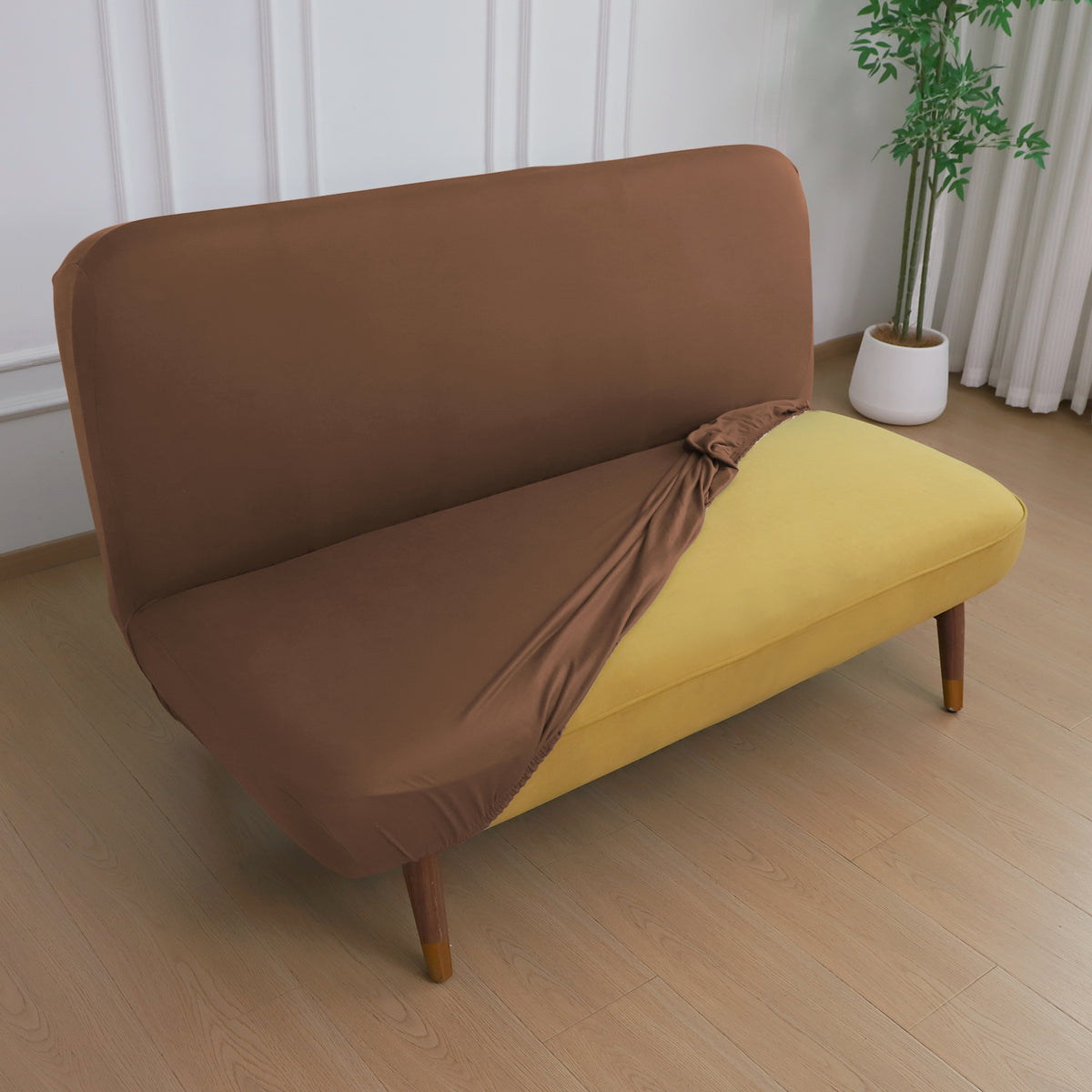 SereneSolids Stretchable Elastic Armless Sofa Cover – 140 GSM, Futon Slipcover, Easy Fit, Brown