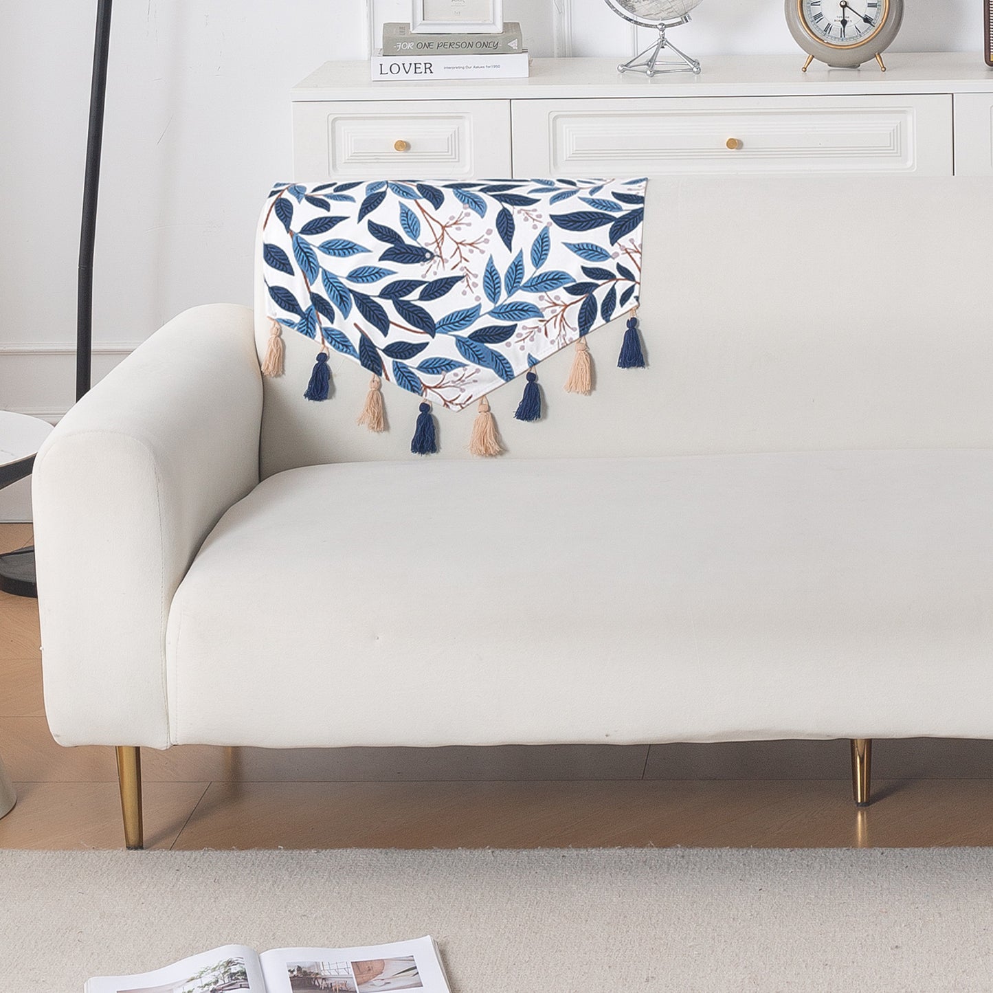 'Whispers of Nature' Series Holland Velvet Sofa Mat with Tassel, Indigo Foliage