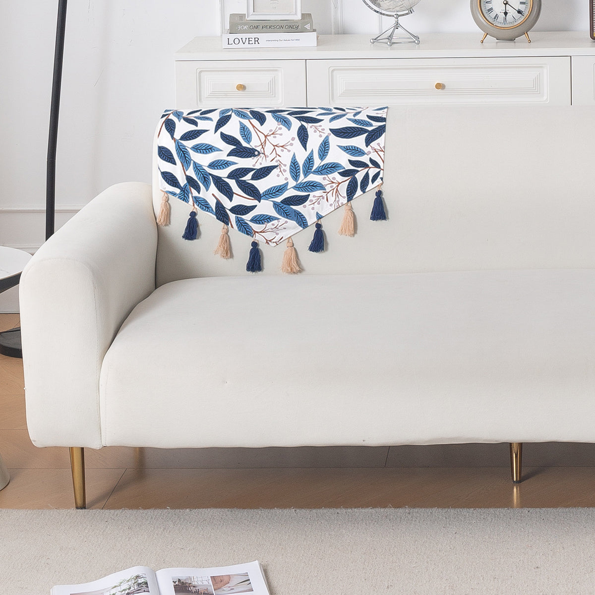 'Whispers of Nature' Series Holland Velvet Sofa Mat with Tassel, Indigo Foliage