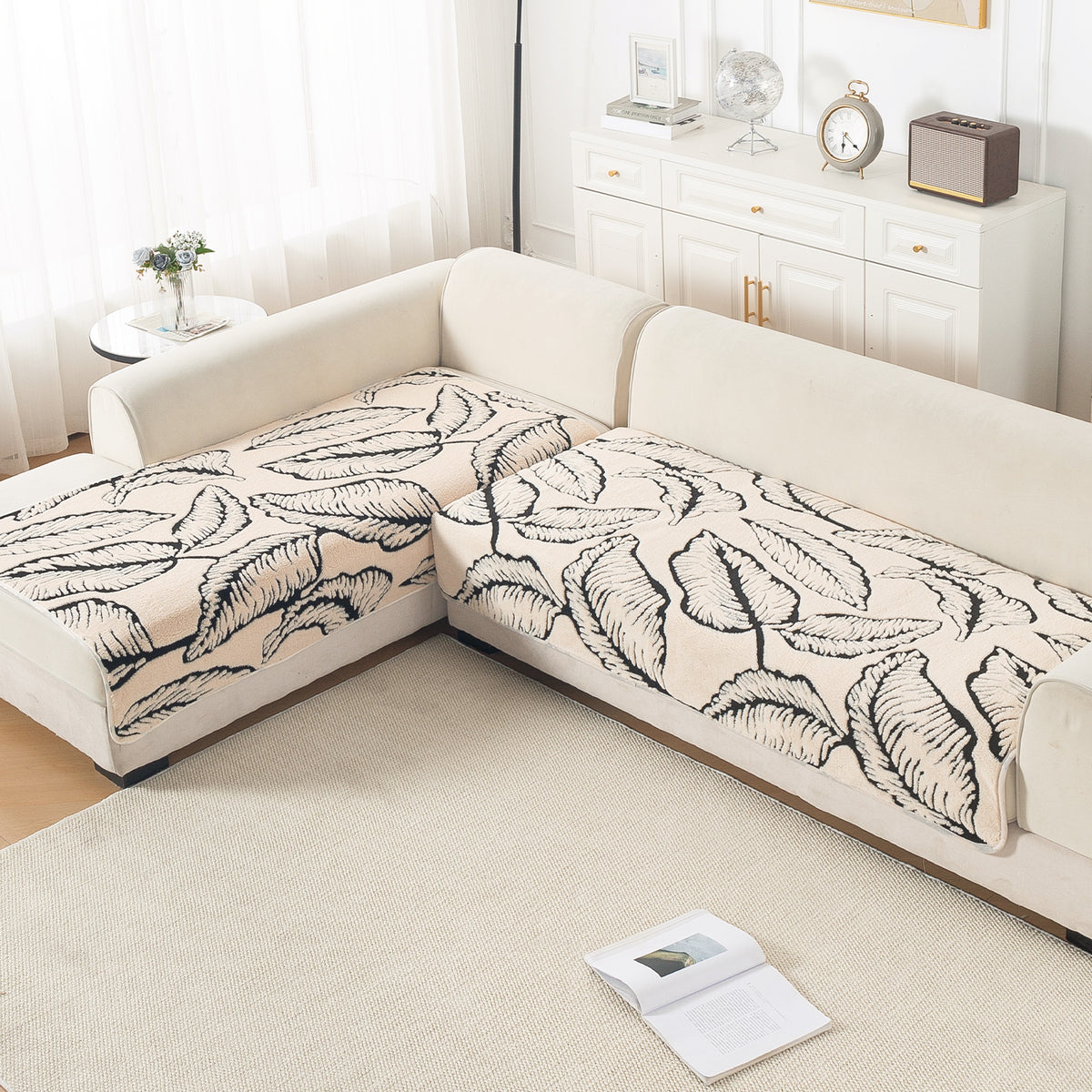 Luxury Plush Sherpa Anti Slip Combination Sofa Mat, 'Noirea Series'|Botanical Leaf