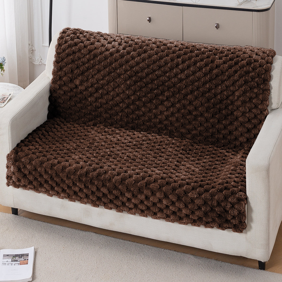 'BunnySoft Series' Plush Sofa Cover Throw for Sofa Seat & Back, Dark Chocolate