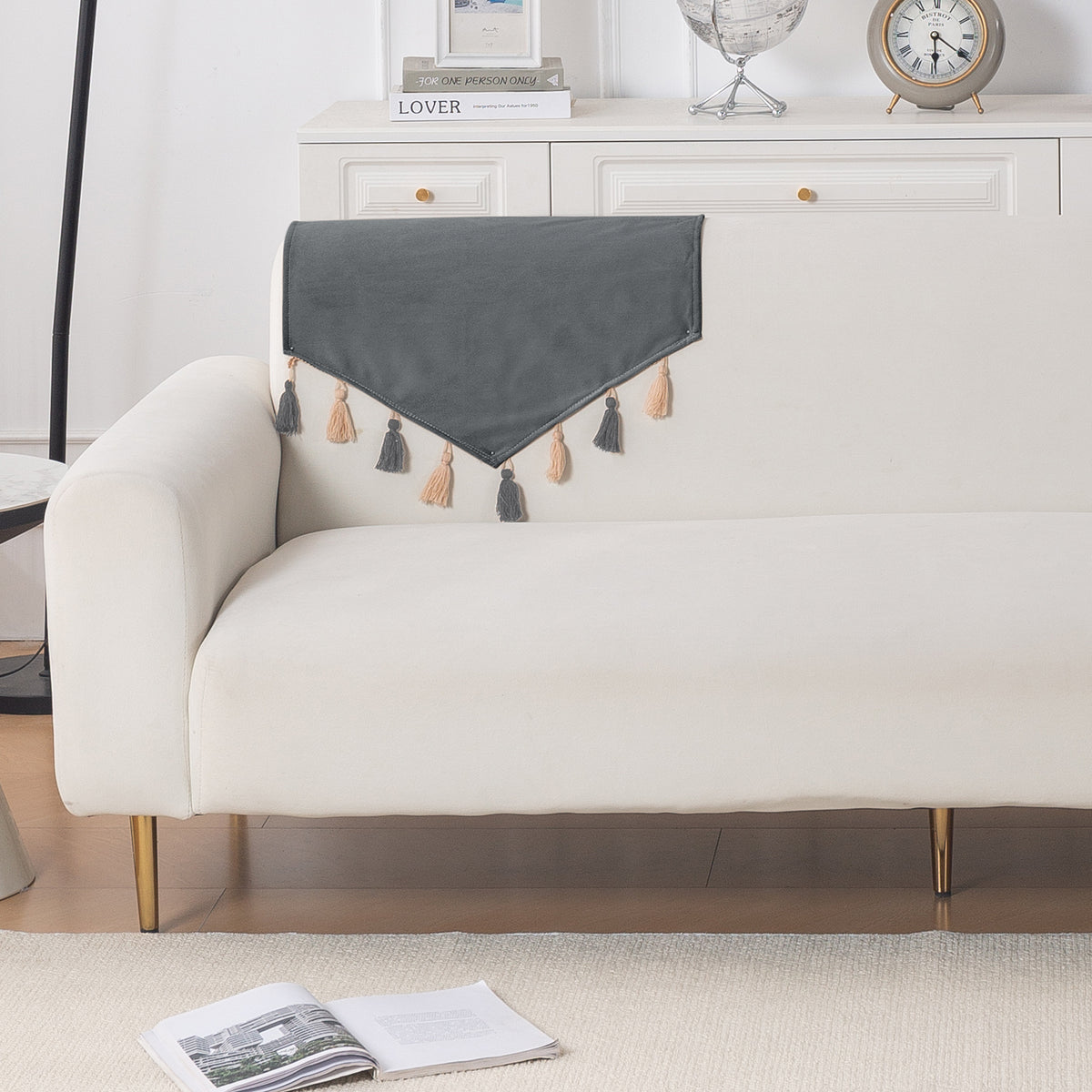 Tassel Tone Holland Velvet Sofa Cover Mat, Graphite Grey