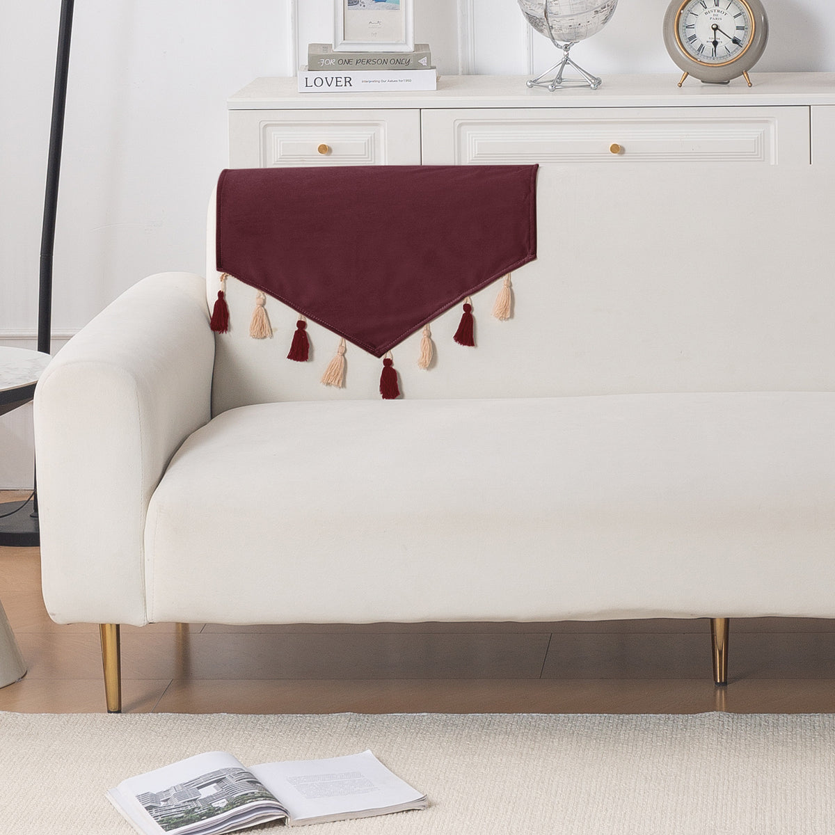 Tassel Tone Holland Velvet Sofa Cover Mat, Wine Red