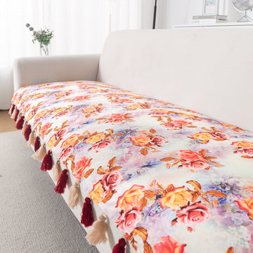 'Whispers of Nature' Series Holland Velvet Sofa Mat with Tassel, Vintage Rose Bloom