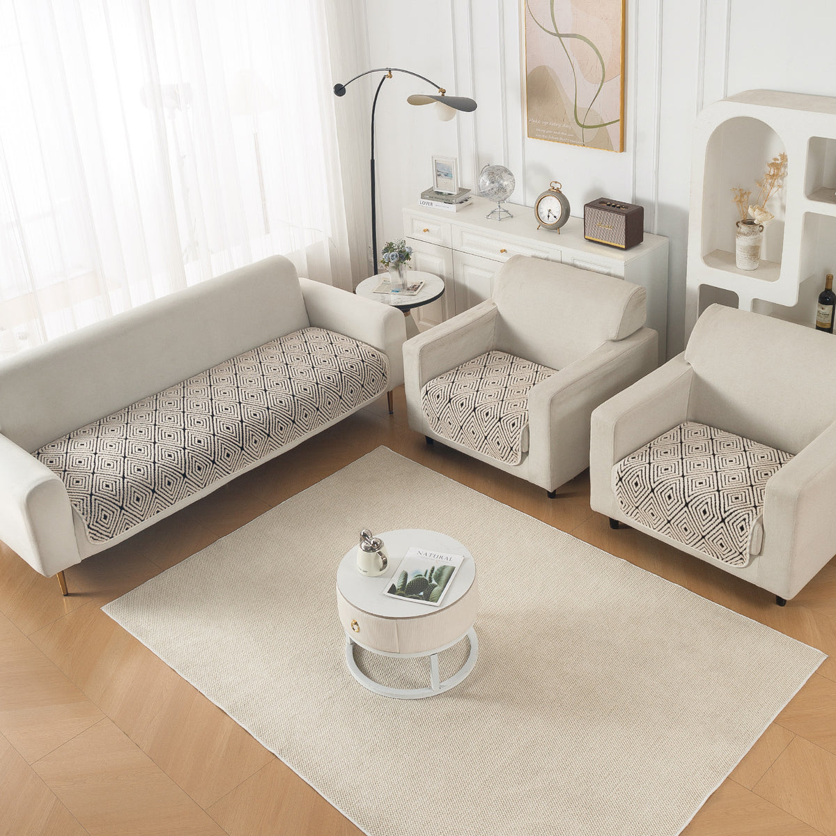 Luxury Plush Sherpa Anti Slip Combination Sofa Mat, 'Noirea Series'|Geometric Diamond