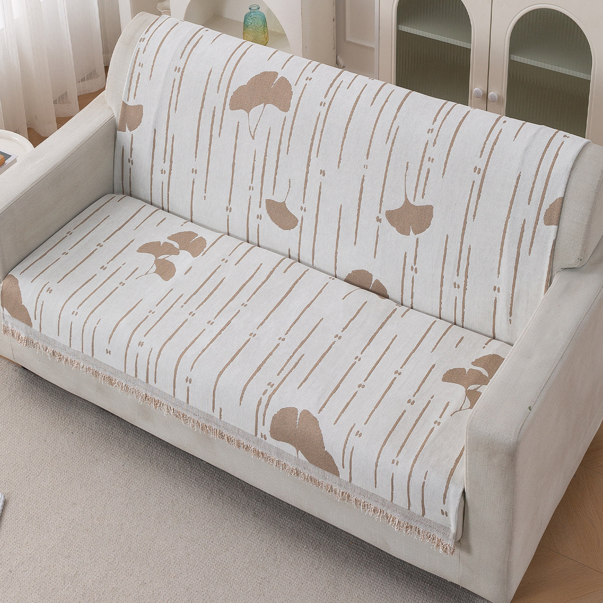 Premium 320 GSM Chenille Sofa Cover 'Serene Abode Series', Beige Ginkgo Lines