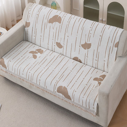 Premium 320 GSM Chenille Sofa Cover 'Serene Abode Series', Beige Ginkgo Lines