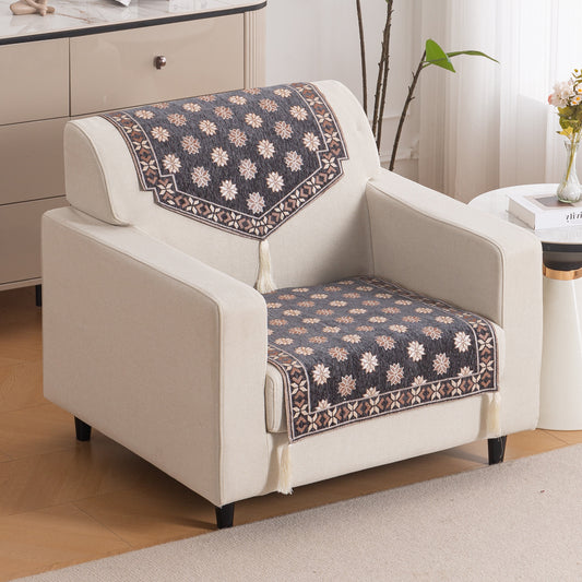 Heritage Weave Premium Jacquard Sofa Cover Set with Tassels - Graphite Grey