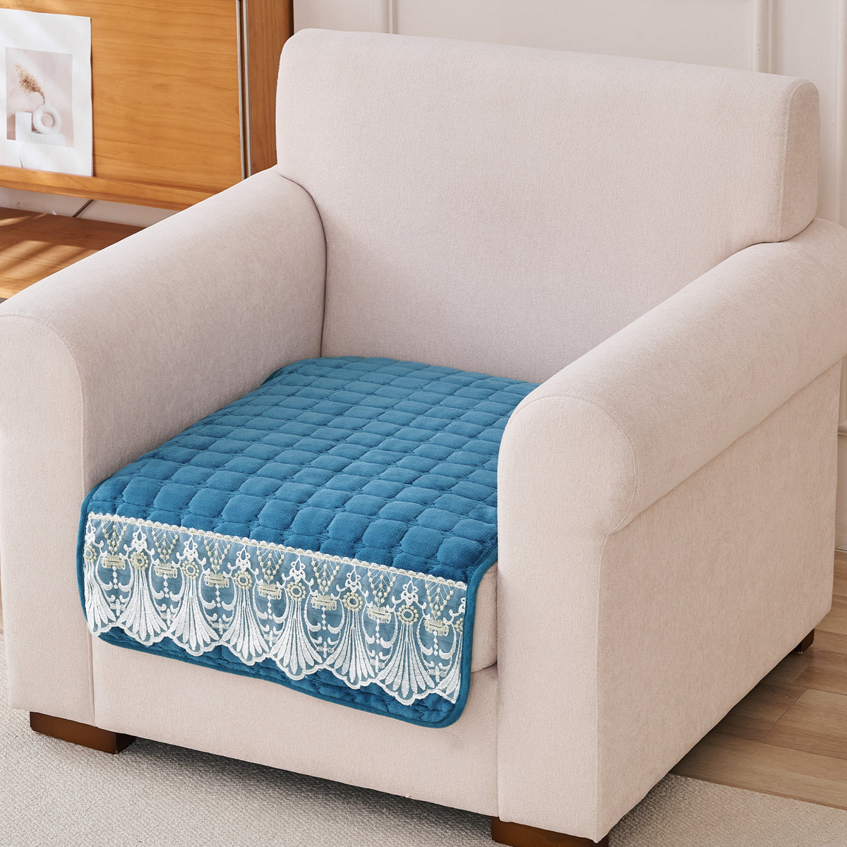 BelleLace Series Imperial Milk Velvet Sofa Cover Mat with Lace Design - Celdaon Blue