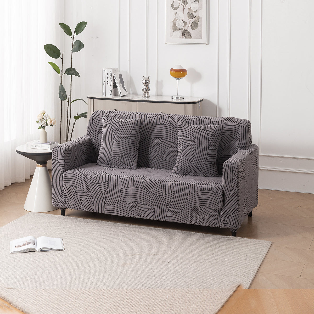 Buy charcoal grey colour waveline series jacquard 2 seater sofa cover​s
