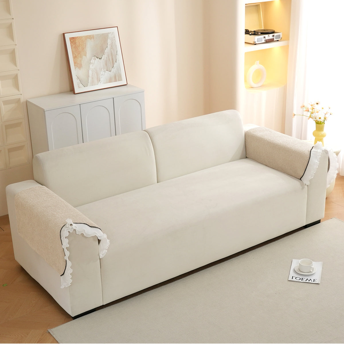 French Classic Frill Wavy Sofa Cover Mat, Champagne Beige
