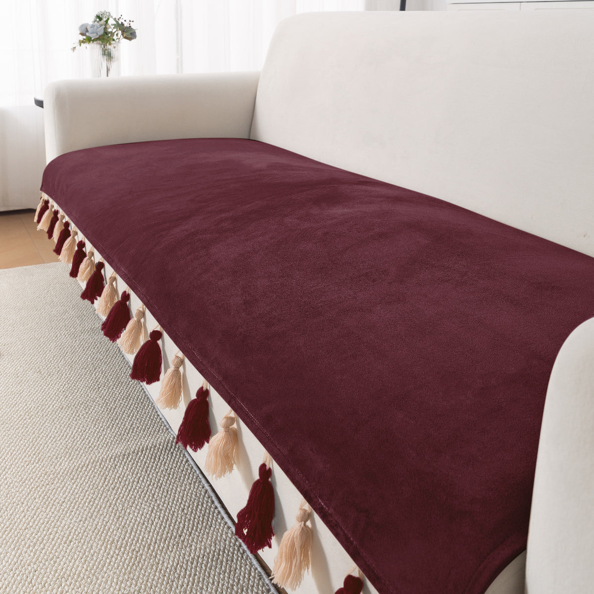 Tassel Tone Holland Velvet Sofa Cover Mat, Wine Red