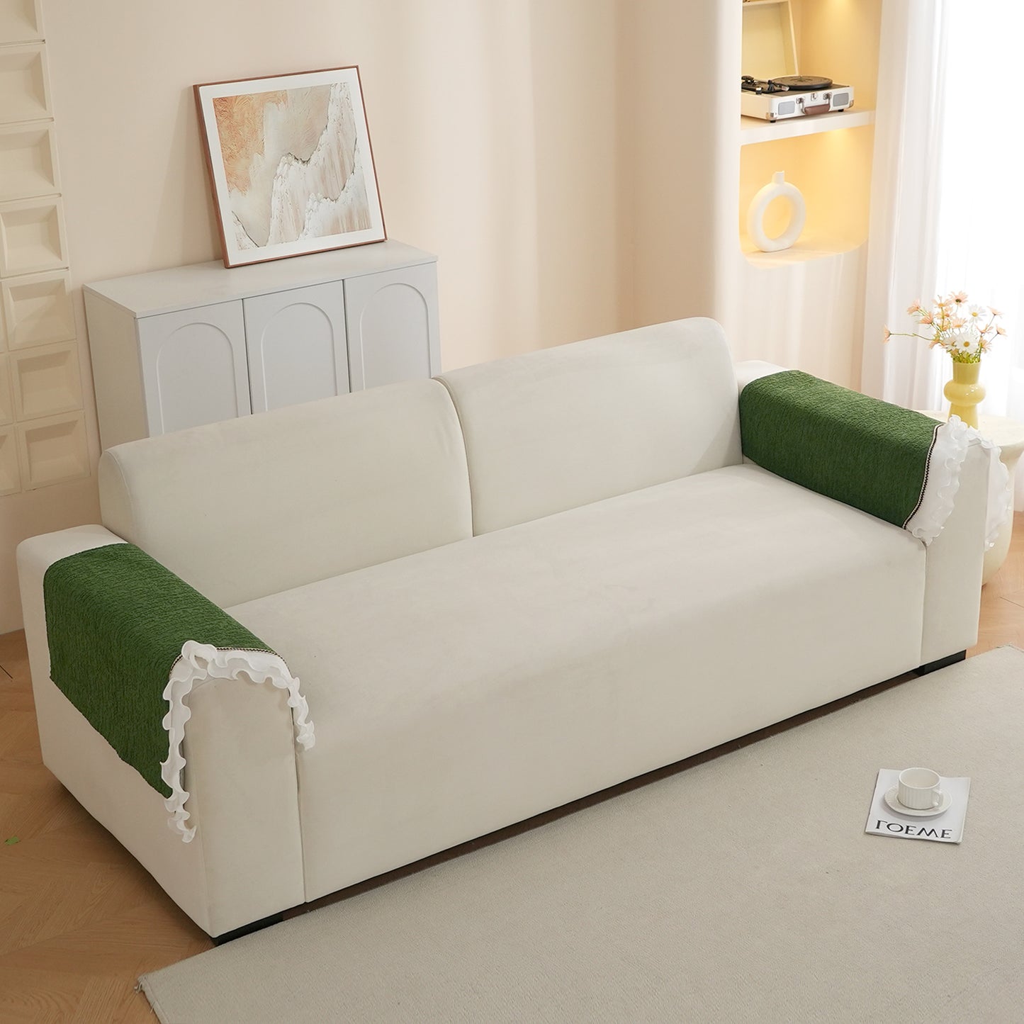 French Classic Frill Wavy Sofa Cover Mat, Dark Olive Green