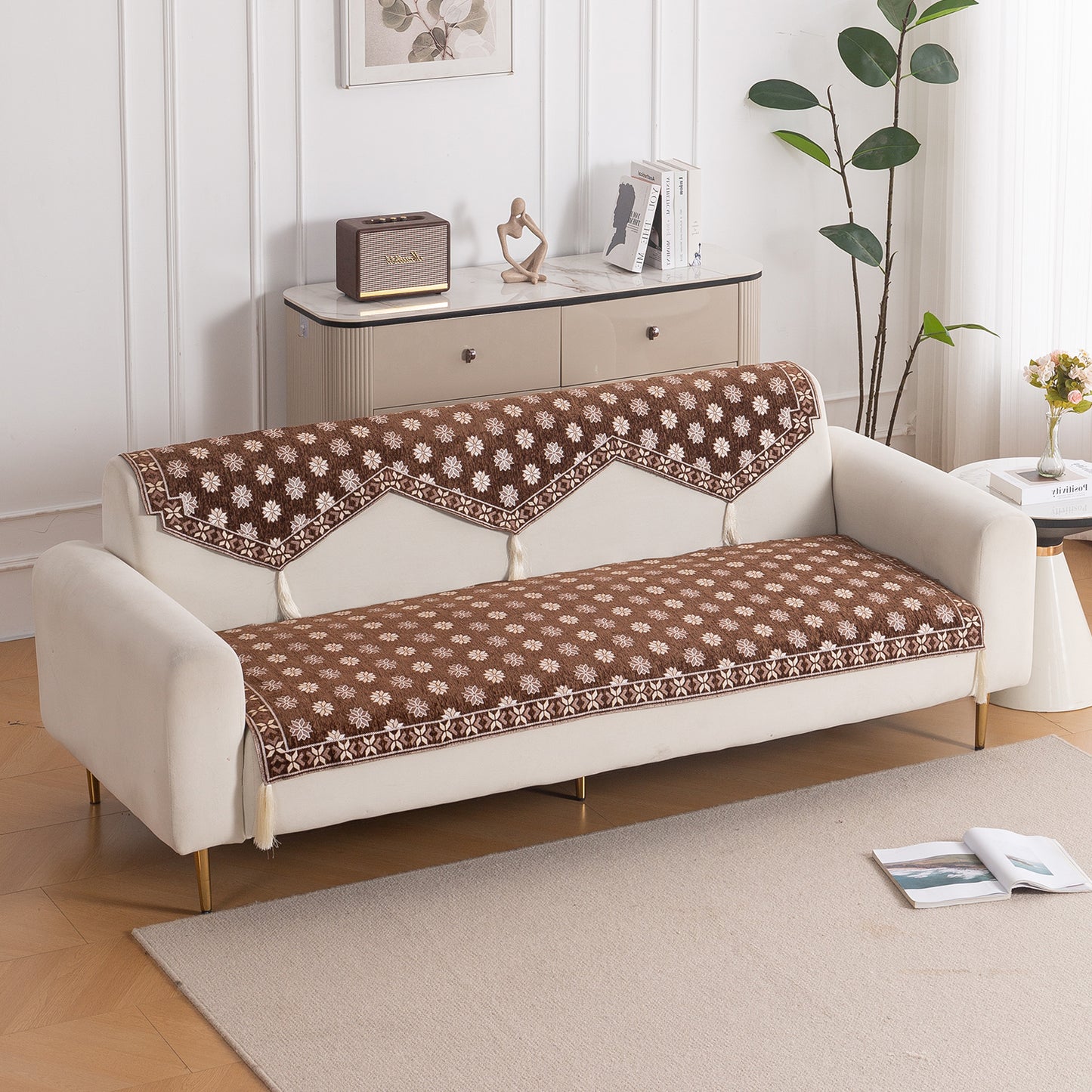 Heritage Weave Premium Jacquard Sofa Cover Set with Tassels - Russet Brown