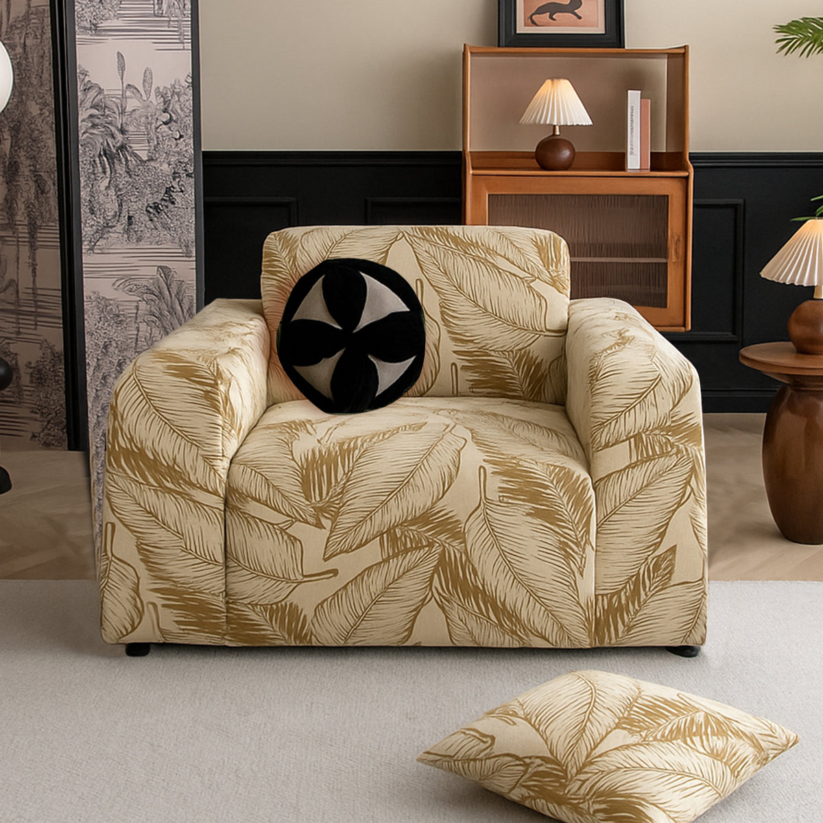 Buy beige colour dual tone series knitting jacquard single seater sofa cover​