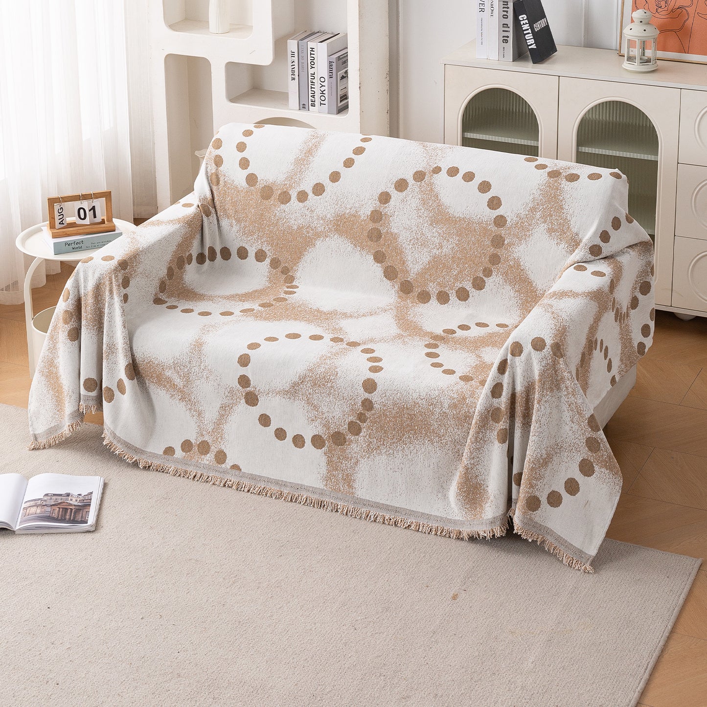 HOKIPO Premium 320 GSM Chenille Sofa Cover All Season 'Serene Abode Series', Latte Dotted Wave